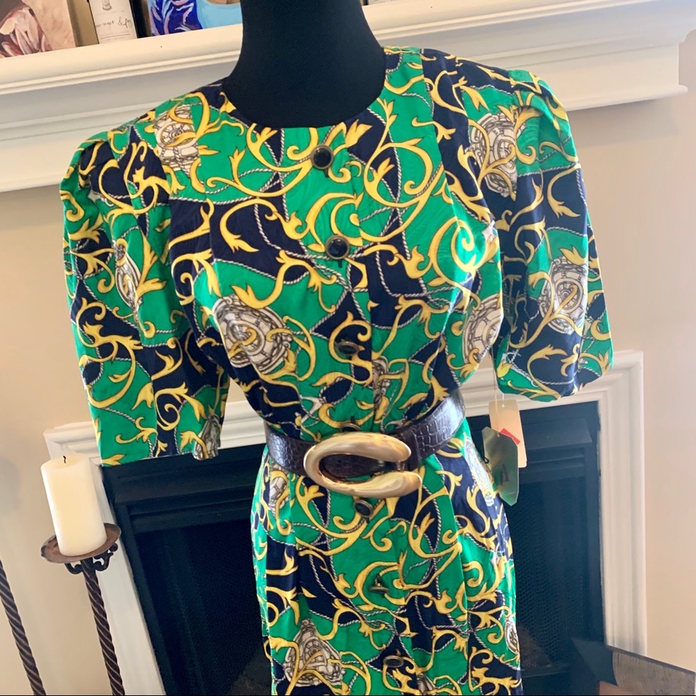 Vintage 80s Adrianna Papell 100% Silk Green‎ Dress